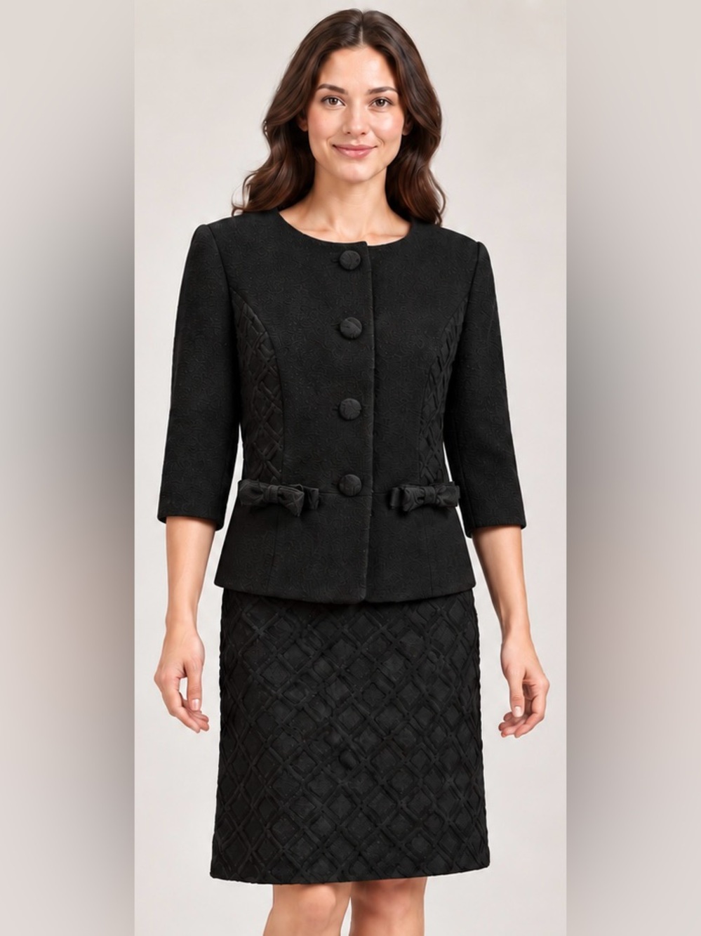 Tahari Black Bouclé Round-Neck Blazer and matching skirt size 10